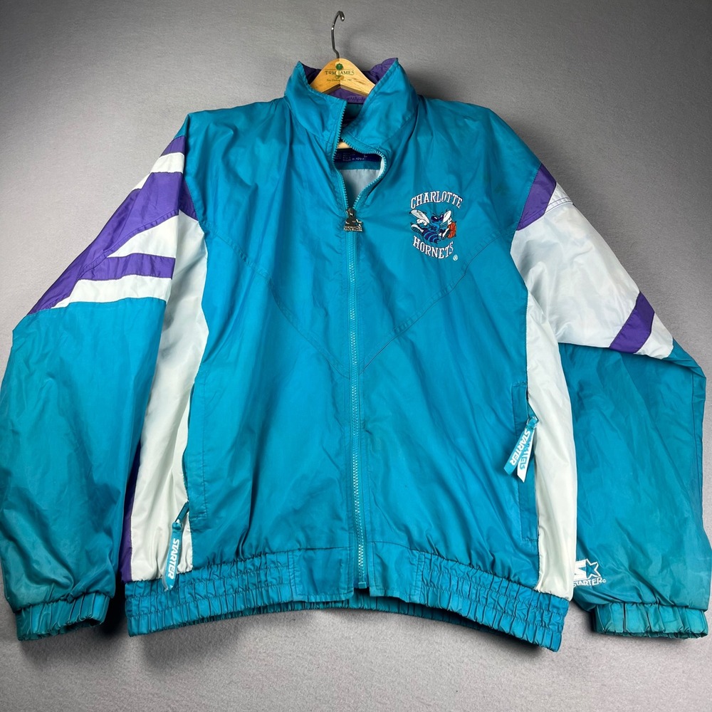 Vintage Starter Charlotte Hornets NBA Windbreaker Jacket Teal Purple Mens Large